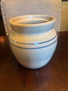 Marshall Pottery Cream Stoneware Vase with Blue Stripe Accent